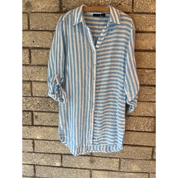 Tahari Womens Blue & White Striped Button-Up Tunic Shirt Medium Linen Blend Roll - Picture 1 of 7